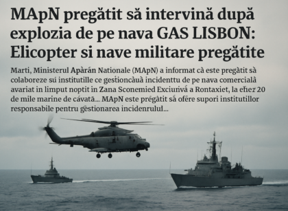 MApN pregătit să intervină după explozia de pe nava GAS LISBON: Elicopter și nave militare pregătite